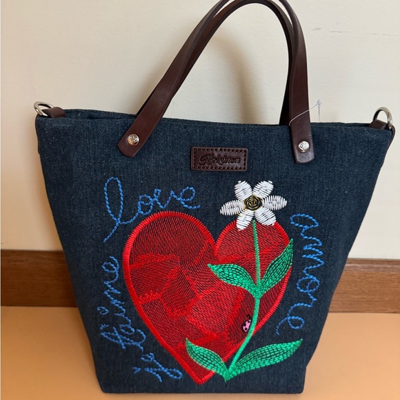 NWT BRIGHTON AMORE HEART Denim with Red Heart Embroidery convertible tote bag - Picture 2 of 6